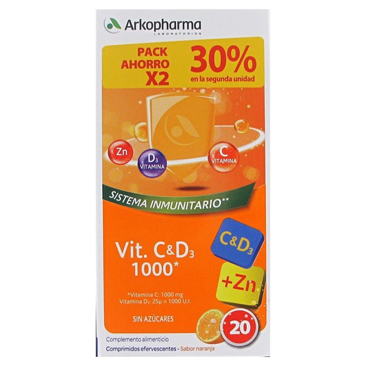 Vitamina  D3 + Vit C  + Zinc Arkopharma Sistema Inmune 2 x 20 compr